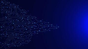 AI circuit board with glowing particles on dark blue background. Connected blue ines with electronic bard. Motherboard and digital technology concept vector