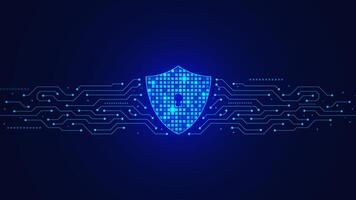 Security digital technology, cyber security and data protection concept with futuristic shield and electronic circuit board on dark blue vector