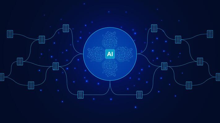 AI powered software concept with futuristic microchip and document connections. Digital technology to improve business management organizing information from large amounts of data background