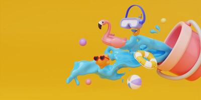 Summer time 3d illustration design with splash and colorful summer accessory on yellow background. Creative summer concept idea. illustration banner. 3d rendering illustration photo