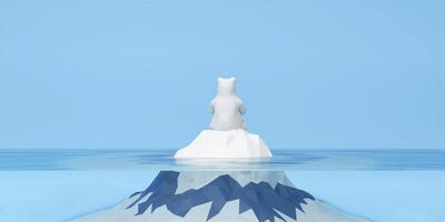 3d polar bear on ice. Melting iceberg and global warming. Climate change. 3d rendering illustration. photo