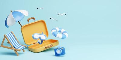 summer travel with yellow suitcase, beach chair, sunglasses ,camera, umbrella and diving goggle. Creative travel concept idea with copy space. illustration banner 3d rendering illustration photo