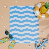 Flat lay summer vacation with beach accessories ready for summer vacation. summer beach scene and shadow of palm leaves. illustration banner. 3d rendering illustration photo