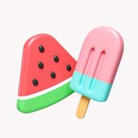 3d watermelon and ice cream for summer time. icon isolated on white background. 3d rendering illustration. Clipping path. photo