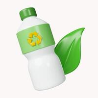 3d bottle of water and leaf . the idea is to recycle old plastic bottles, think green. icon isolated on white background. 3d rendering illustration. Clipping path. photo