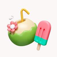 3d coconut and ice cream for summer time. icon isolated on white background. 3d rendering illustration. Clipping path. photo