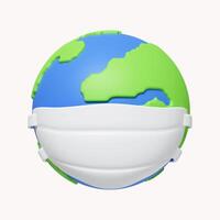 3d Earth With Surgical Mask. globe polluted concept. icon isolated on white background. 3d rendering illustration. Clipping path. photo