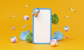 3d Mockup Phone with beach accessory. Summer Holiday Concept on yellow background. 3d rendering illustration photo