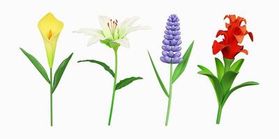 3d colorful flower set. icon isolated on white background. 3d rendering illustration. Clipping path. photo