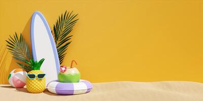 surfboard with coconut in swimming ring, and beach accessories. summer vacation and holidays concept copy space. 3d illustration. banner 3d rendering illustration photo