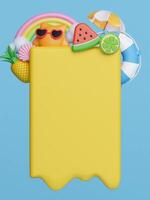 3d yellow signboard for text and colorful beach elements. Creative summer concept idea. illustration banner 3d rendering illustration photo