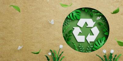 3d eco paper with green leaves on green background. save the planet and energy concept. 3d rendering illustration. 3d rendering illustration. photo