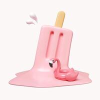 3d popsicle melt with Pink Flamingo float for summer vacation and holidays concept. icon isolated on white background. 3d rendering illustration. Clipping path. photo
