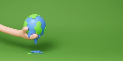 3d Melting hot and dripping unhabitable planet Earth, global warming climate change on green background. 3d rendering illustration. photo