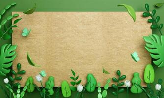 3d eco paper with green leaves on green background. save the planet and energy concept. 3d rendering illustration. photo