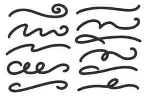 Swoosh strokes and swirl hand drawn calligraphy swashes. Squiggle curly lines set. Decorative doodle black paint shapes. Wavy flourishes on white background. vector