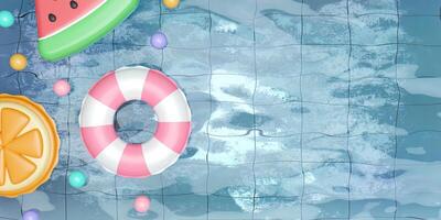 Various Inflatable floating in the pool. summer vacation concept. Creative travel concept idea with copy space. illustration banner 3d rendering illustration photo