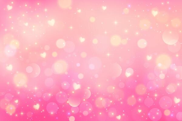 Lovely pink background with hearts and bokeh. Cute romantic sky with light glitter and sparkles. Abstract pastel Valentine blurred wallpaper. Girly fairy fantasy backdrop.