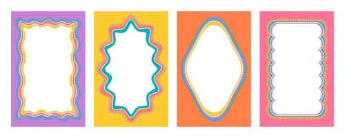 Wavy scallop border shapes. Rectangle fun psychedelic hand drawn frame. Doodle cute design for text photo and picture. Groovy child template. Y2K decorative blank. vector