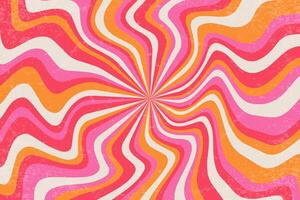 Retro spiral pattern. Groovy background with wavy sunrays. Psychedelic radial pink and orange textured abstract stripes. Vintage starburst 70s design. Striped twirl backdrop vector
