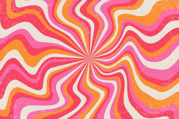 Retro spiral pattern. Groovy background with wavy sunrays. Psychedelic radial pink and orange textured abstract stripes. Vintage starburst 70s design. Striped twirl backdrop