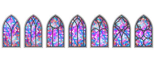 Gothic church window set. Cathedral arch frames with stained glass. Medieval catholic architecture old shapes. Vintage color mosaic isolated on white background vector