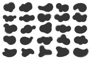 Brush abstract stains, paint shapes set with grunge texture. Round black ink splashes. Irregular organic blobs. Oval liquid rough graphic elements. Doodle blot blocks vector