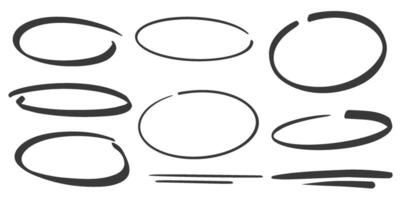 Hand drawn oval brush stroke. Ellipse doodle scribbles. Circle marker underlines for text. Round chalk frames on white background. vector