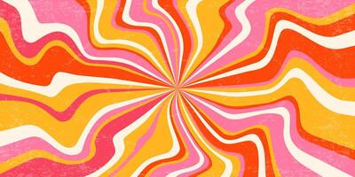 Retro background with spiral sunburst. Swirl textured radial pattern with rays. Vintage abstract wavy pink and orange striped vortex. 70s funky psychedelic disco bg. vector