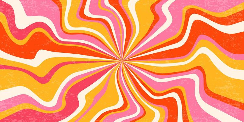 Retro background with spiral sunburst. Swirl textured radial pattern with rays. Vintage abstract wavy pink and orange striped vortex. 70s funky psychedelic disco bg.