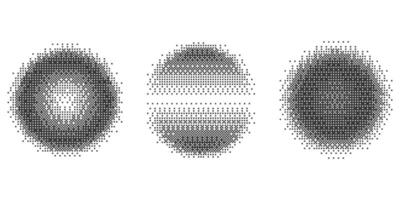 Circles with bitmap pixel effect. Round shapes with arcade game pattern texture. Y2k halftone texture with glow dither fade. Aesthetic gradient set with glitch abstract grain vector