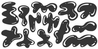 Abstract blob shapes. Organic liquid random wavy forms. Irregular fluid black spots and bubbles. Glossy elements. Trendy drops silhouettes. Modern Y2K swirl amoeba splotch. vector