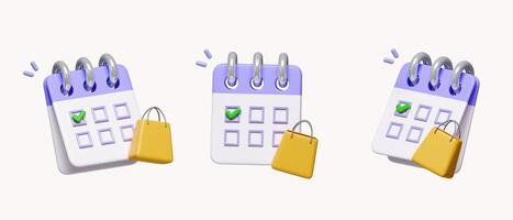 3d set 3d Calendar with check sign and shopping bag. for shopping online concept. icon isolated on white background. 3d rendering illustration. Clipping path. photo