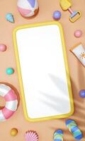 A mobile phone mockup with beach accessories. mobile application shop summer minimal promotion sale. 3d render illustration photo