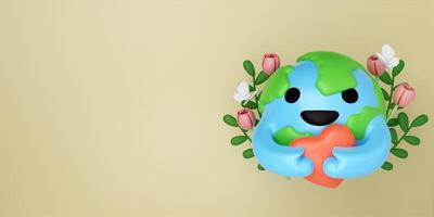 3d planet hug heart with flower and butterfly on yellow background. Concept of Save the Earth, Protect environmental and eco green life, ecology and nature protect. 3d rendering illustration. photo