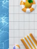 Swimming pool with pineapple in swimming ring, beach chair, beach ball . Summer vacation vibes. Creative summer concept idea. 3d rendering illustration. photo