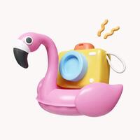3d Pink Flamingo float and camera. summer vacation and holidays concept. icon isolated on white background. 3d rendering illustration. Clipping path. photo