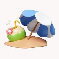 3d coconut and umbellar on sand. summer vacation and holidays concept. icon isolated on white background. 3d rendering illustration. Clipping path. photo