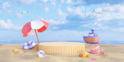 Yellow stage podium empty with summer beach background and beach accessory concept of summer. Creative summer concept idea. illustration banner. 3d rendering illustration photo