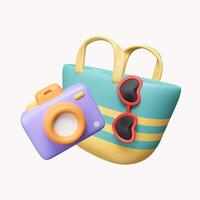 3d bag with camera and sun glasses. summer vacation and holidays concept. icon isolated on white background. 3d rendering illustration. Clipping path. photo