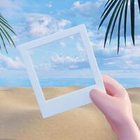 3d illustration of a tropical island. hand hold blank picture frame on a beach. Travel and vacation concept. Concept of summer. illustration banner 3d rendering illustration photo