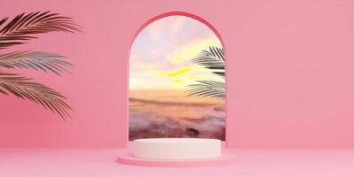 3d render, abstract geometric shape pastel pink , summer scene minimal design, product display, Pink Interior Background with sky and summer plant. 3d rendering illustration. photo