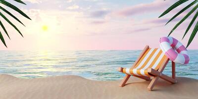 Summer beach vacation. beach chair and swimming ring with palm leaf. Creative travel concept idea with copy space. 3d rendering illustration photo
