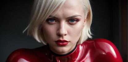 A woman in a red latex suit photo