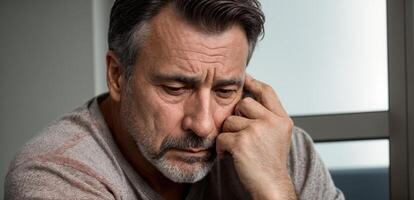 A man is looking down and holding his hand to his face photo