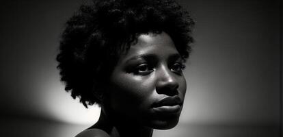 A black and white photo of a woman with an afro