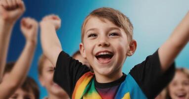 A young boy is raising his arms in the air photo