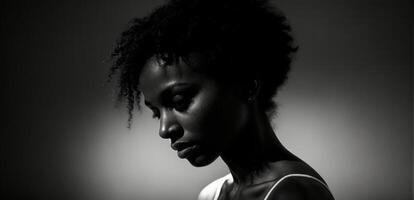 A black and white photo of a woman with an afro