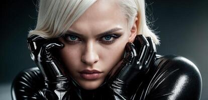 A woman in latex gloves and a black leather jacket photo
