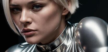 A woman in a shiny silver bodysuit photo